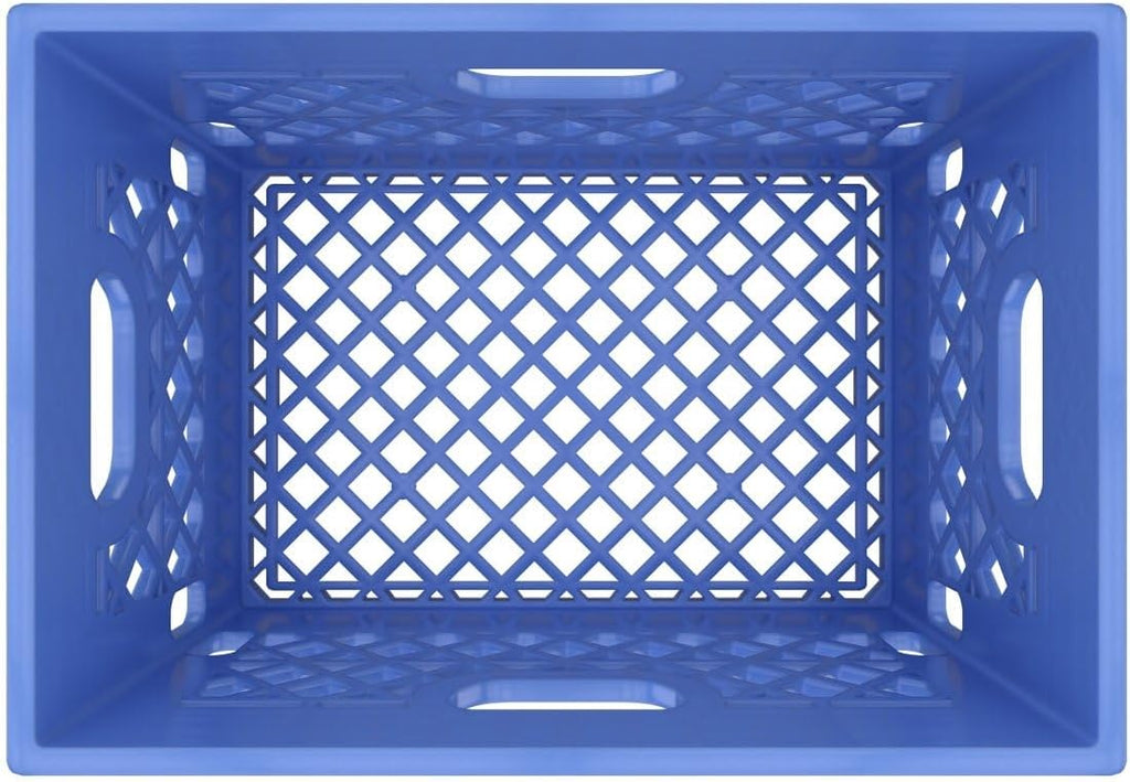 Heavy Duty Plastic Storage Milk Crates, Stackable Utility Organizer Bins, 19x11x13 Inches, 6 Pack, Made in USA, 24 Qt/6 Gallon Capacity (Blue)