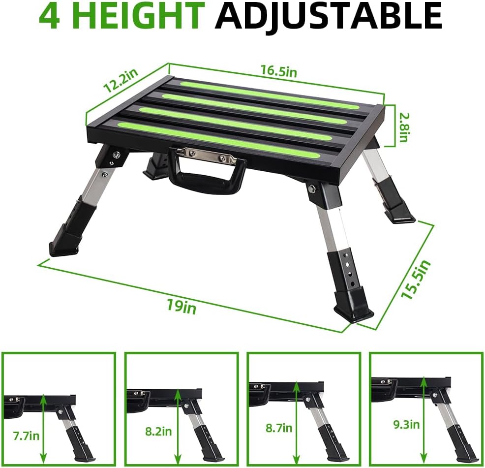 Adjustable RV Step Stool, Folding Platform with Reflective Strip, Black