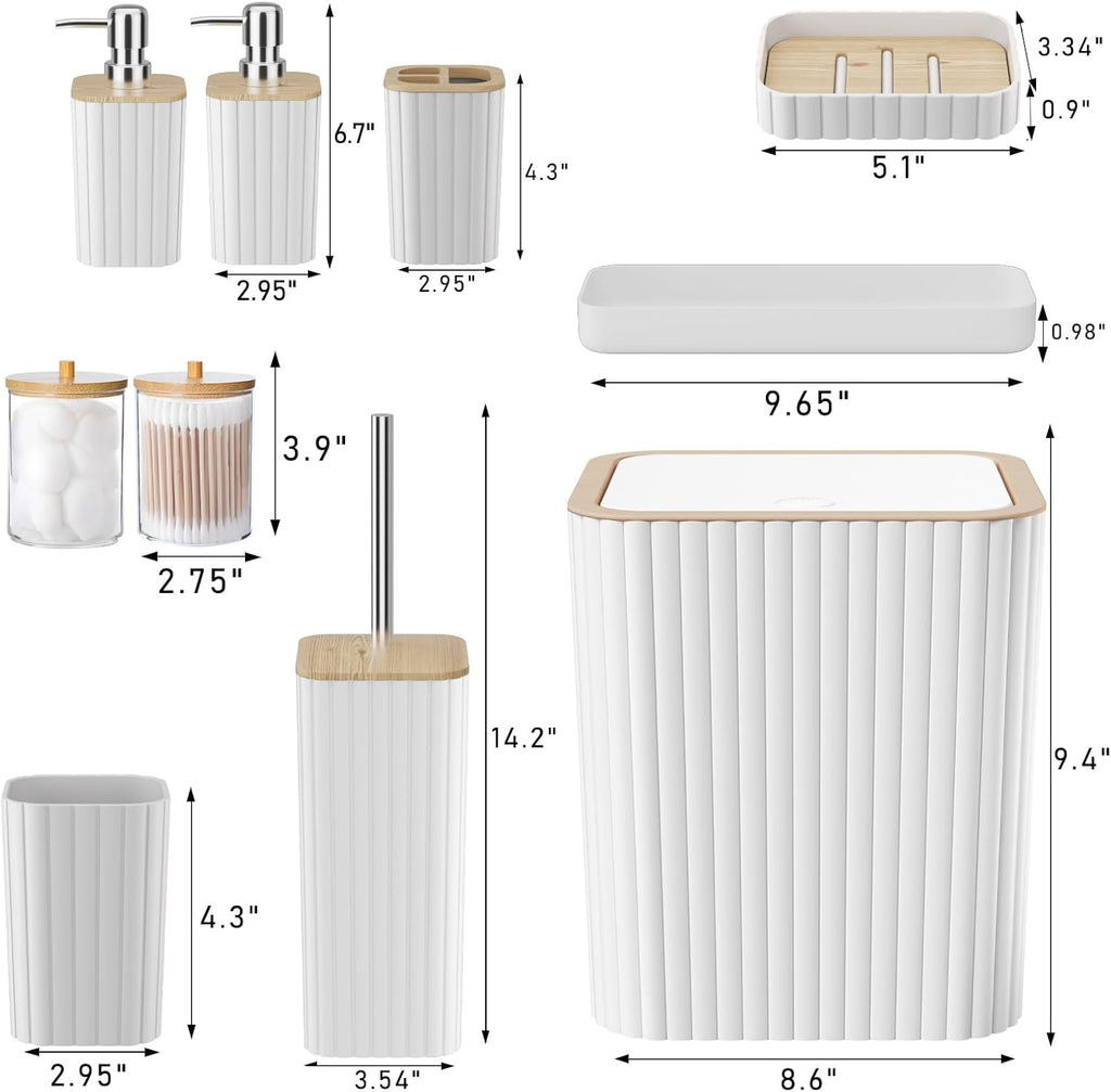 Bathroom Accessories Set - Elegant White Bathroom Set, 10PC Bathroom Accessory Set, Toilet Brush, Trash Can, Qtip Holder Dispenser & Soap Dispenser