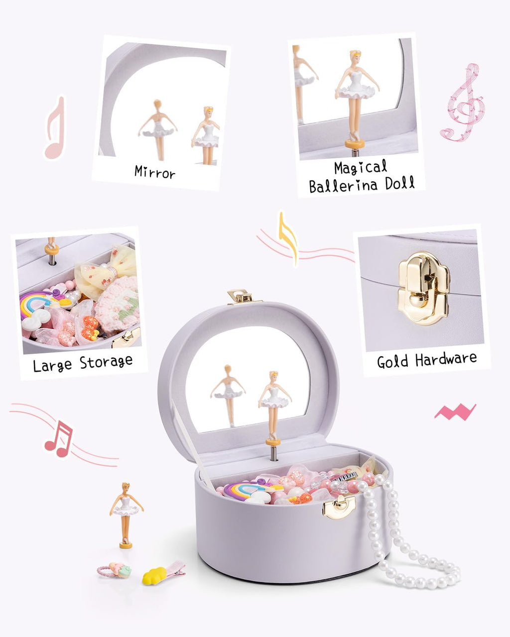 VLANDO Musical Jewelry Box for Girls, Arc Design with Spinning Ballerina | Large Compartment for Small Treasures, Plays Canon Melody, Built-In Mirror and Soft Carry Handle, Birthday Christmas Gift