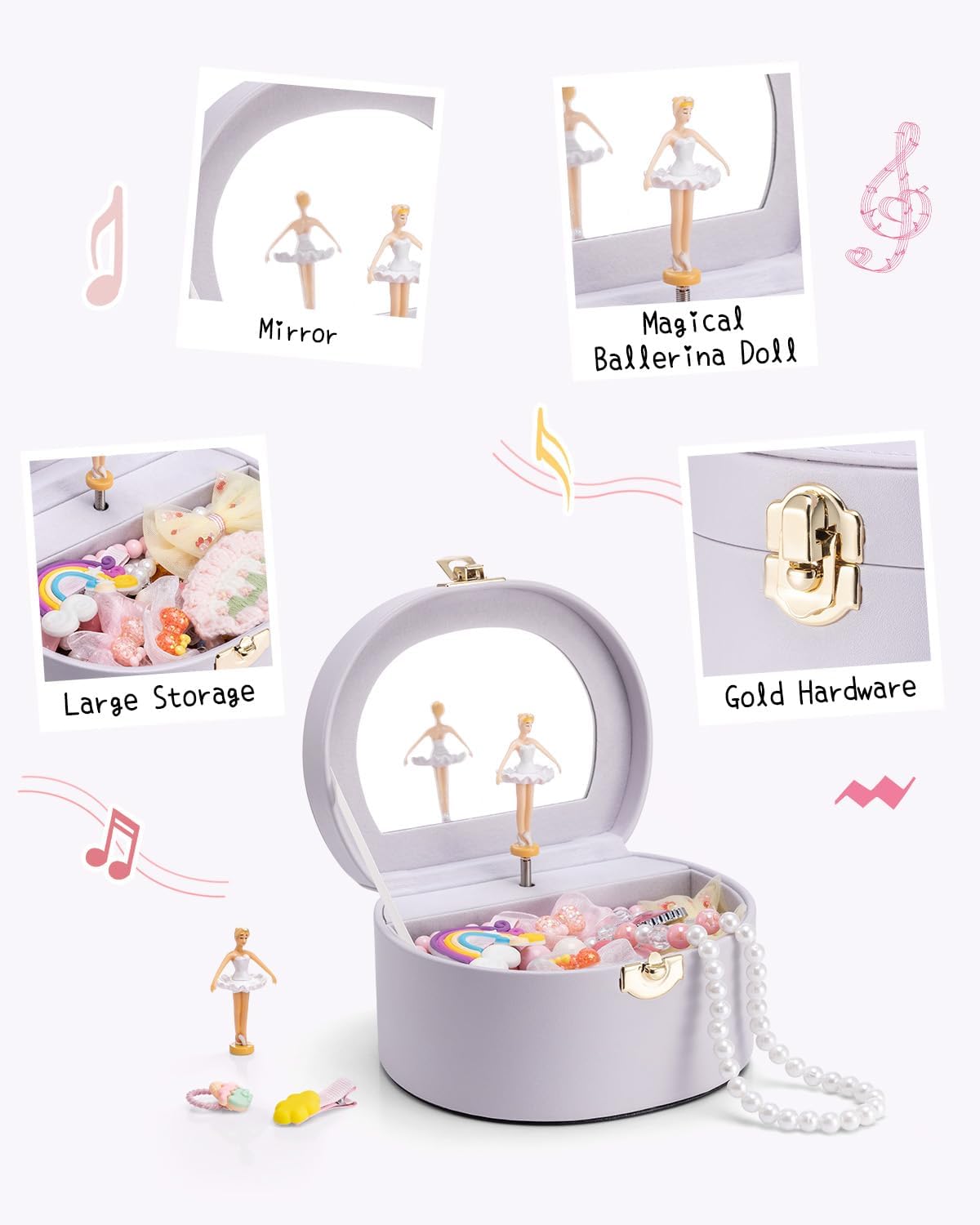 VLANDO Musical Jewelry Box for Girls, Arc Design with Spinning Ballerina | Large Compartment for Small Treasures, Plays Canon Melody, Built-In Mirror and Soft Carry Handle, Birthday Christmas Gift