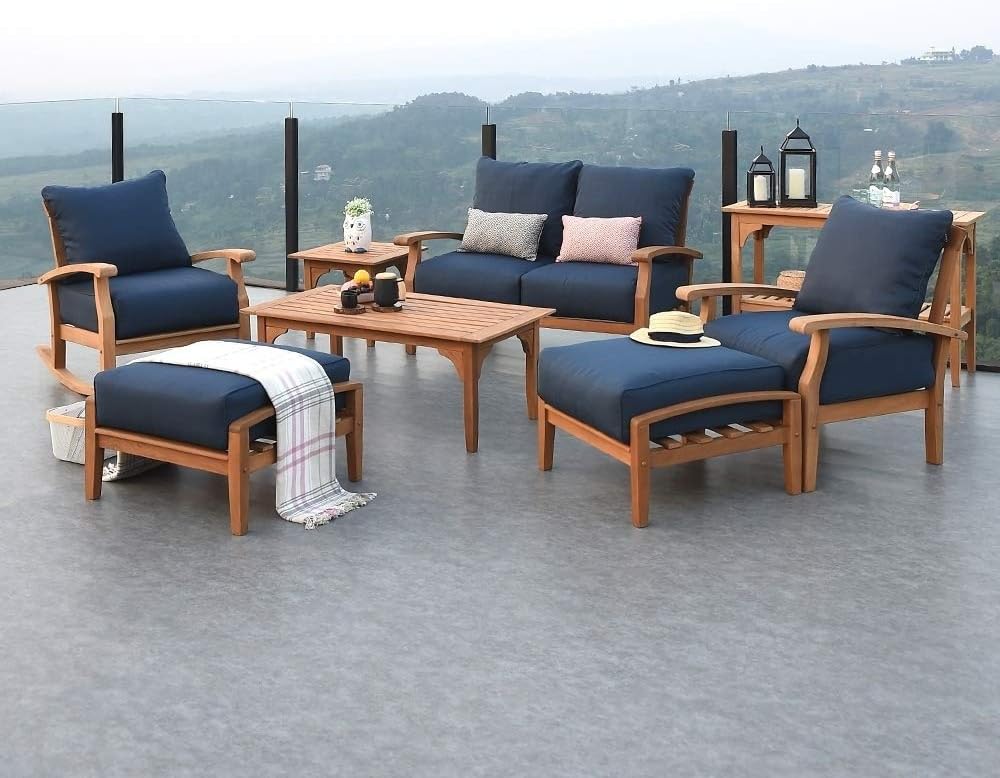Teak Patio Ottoman with Cushion Blue Farmhouse Wood Finish Removable Cushions