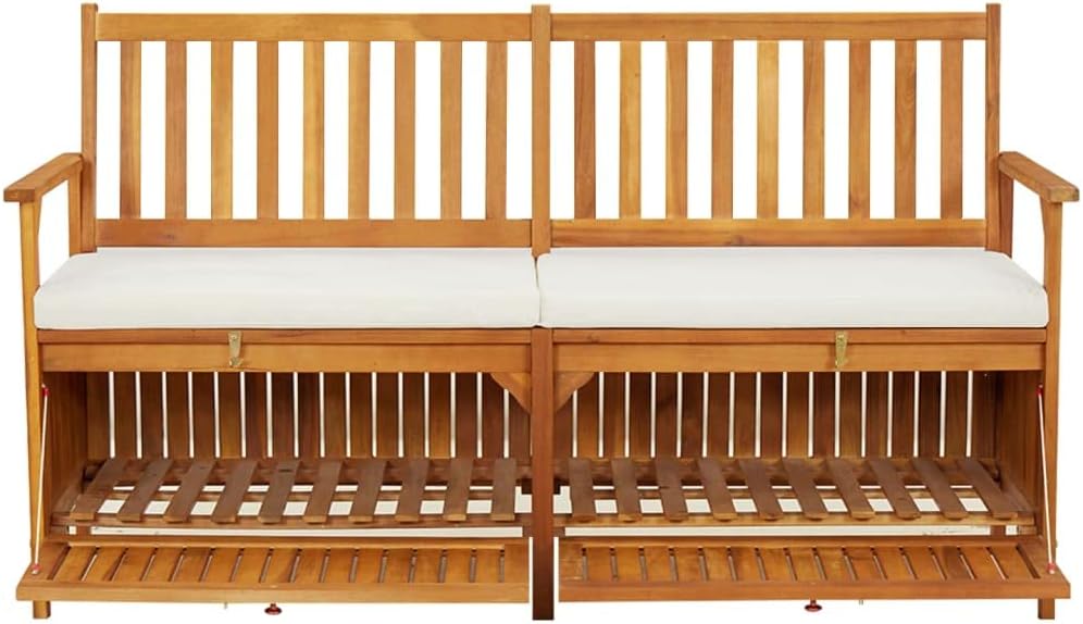 Storage Bench with Cushion 58.3 Inch Solid Acacia Wood Durable Patio Furnitur...