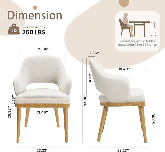 Wooden Dining Chairs Set of 2, Modern Fabric Upholstered Dining Room Chair, Kitchen Side Chairs, Farmhouse Dinner Chair with Open Back for Kitchen, Beige