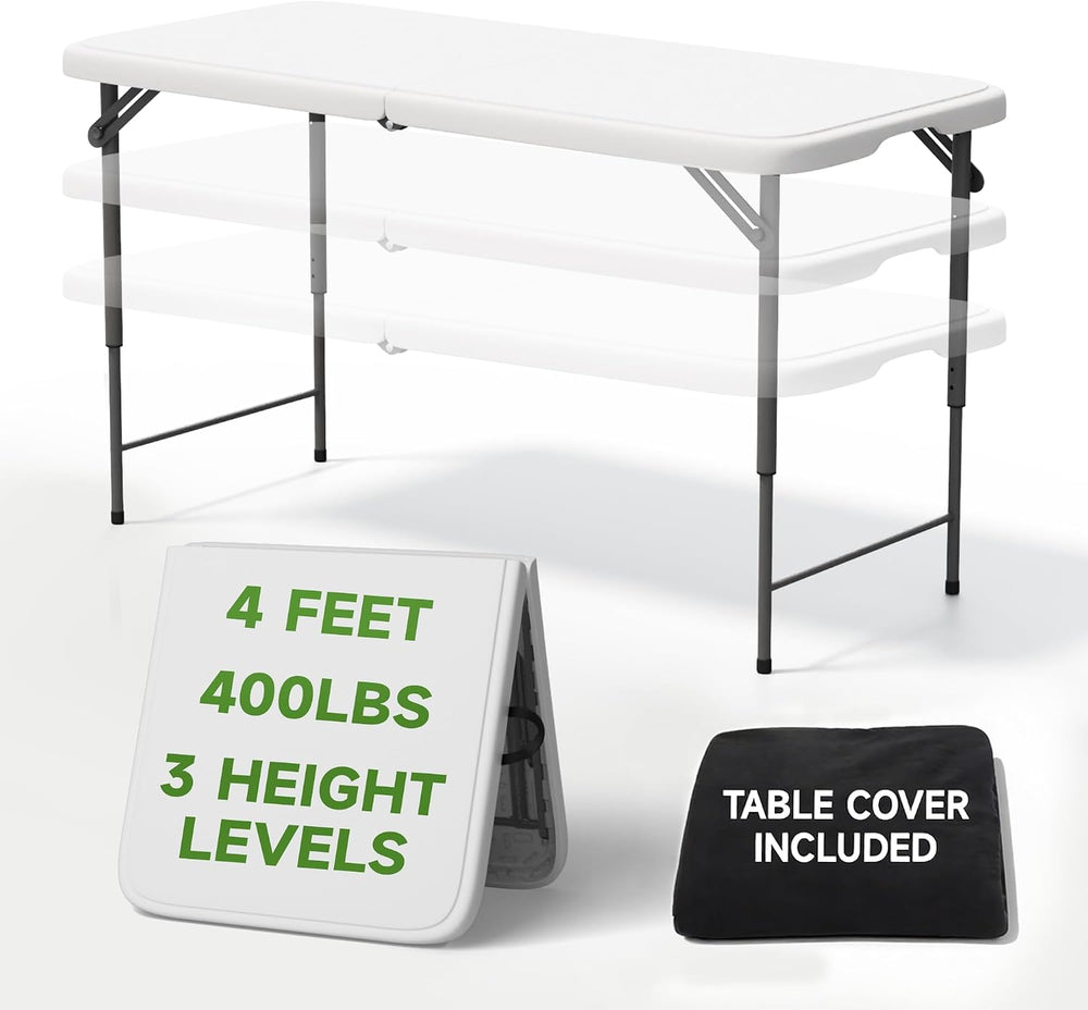 4 Foot Folding Table with Black Table Cloth- 3-Position Adjustable Height, He...