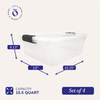 HOMZ 4-Pack Latching Lid, Clear Plastic Storage Organizer Bins, 15.5 Quart, Gray Latch - Stackable Organizing Containers for Home, Garage, and Office