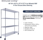 60"x18"x72" Prime Heavy Duty Chrome 4-Tier Wire Shelving NSF 3200 LBS MAX Capacity Storage Rack for Commercial, Hospital, School, Garage, and Kitchen Uses (with Wheels)