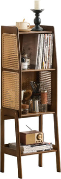 Welnow Bamboo Rattan Bookcase with Cabinet, 2-Tier Storage Shelf with Side Table & End Table Function, Large Modern Wood Organizer for Living Room or Bedroom, Walnut Bookshelf