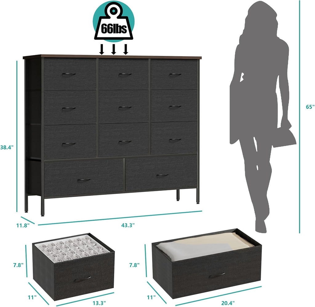 VASICAR 43.3" Wide Fabric Dresser for Bedroom, Chest of Drawers with 11 Deep Drawers, Multi-Drawers TV Stand TV Console, Storage Organizer for Closet, Nursery (Black)