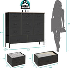 VASICAR 43.3" Wide Fabric Dresser for Bedroom, Chest of Drawers with 11 Deep Drawers, Multi-Drawers TV Stand TV Console, Storage Organizer for Closet, Nursery (Black)