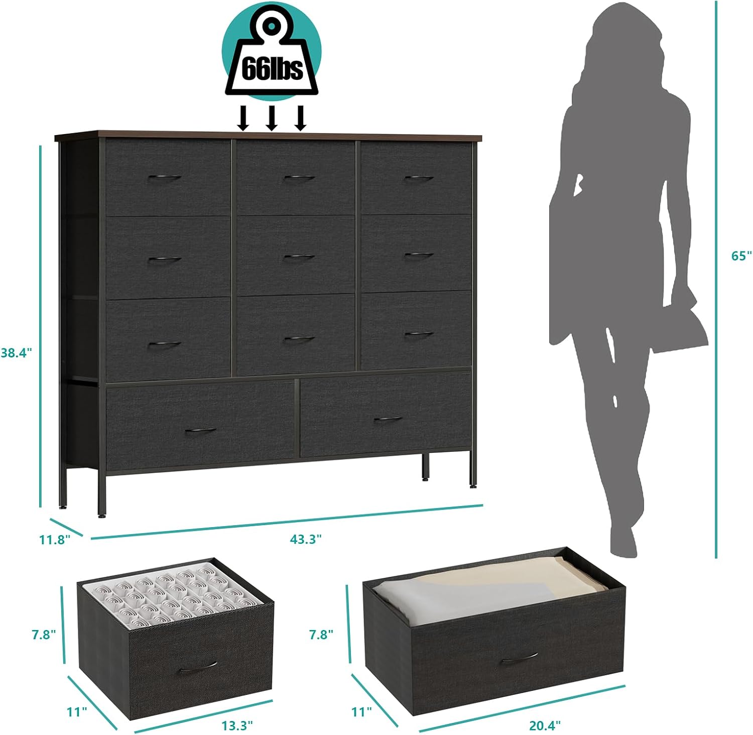 VASICAR 43.3" Wide Fabric Dresser for Bedroom, Chest of Drawers with 11 Deep Drawers, Multi-Drawers TV Stand TV Console, Storage Organizer for Closet, Nursery (Black)