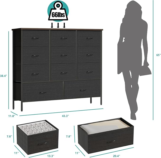 43.3" Wide Fabric Dresser for Bedroom, Chest of Drawers with 11 Deep Drawers, Multi-Drawers TV Stand TV Console, Storage Organizer for Closet, Nursery (Black)