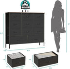 43.3" Wide Fabric Dresser for Bedroom, Chest of Drawers with 11 Deep Drawers, Multi-Drawers TV Stand TV Console, Storage Organizer for Closet, Nursery (Black)