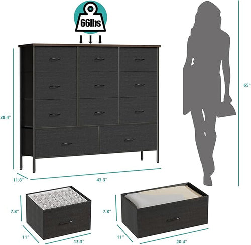 43.3" Wide Fabric Dresser for Bedroom, Chest of Drawers with 11 Deep Drawers, Multi-Drawers TV Stand TV Console, Storage Organizer for Closet, Nursery (Black)