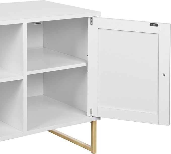 Nathan James Mina Modern TV Stand, Entertainment Cabinet, Media Console with a Natural Rattan Storage Doors, White Finish and Gold Brass Accents for Living Room or Media Room, White/Gold