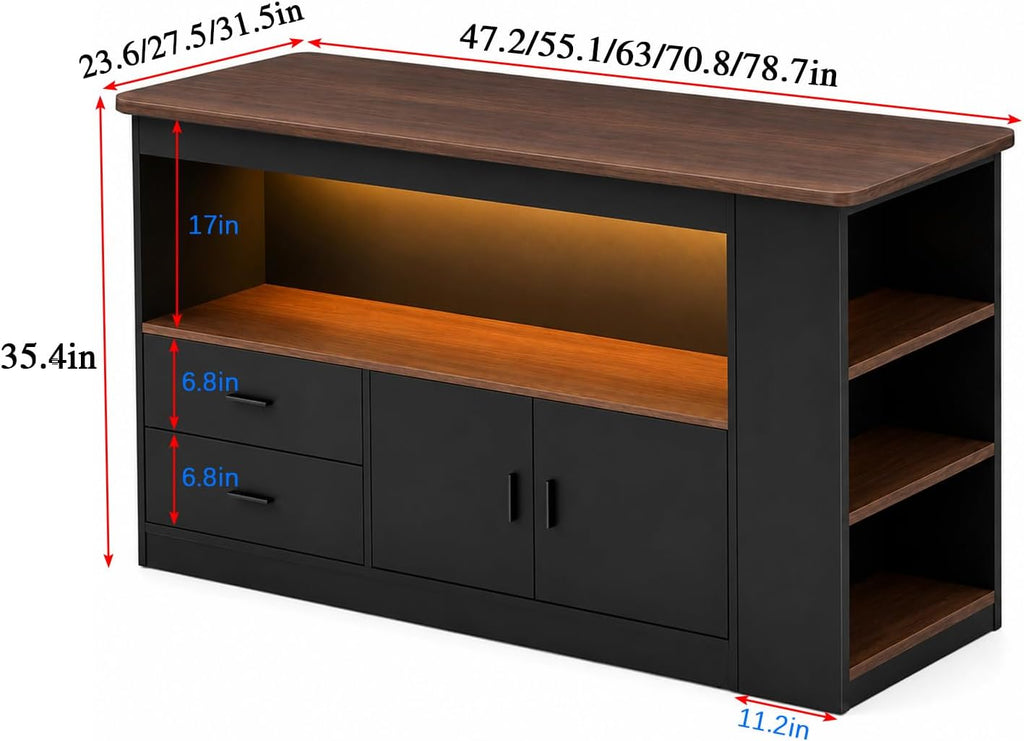 Kitchen Island Table with Storage, Large Kitchen Island with LED Light, Counter Height Table for Kitchen, Dining Room, Coffee Bar