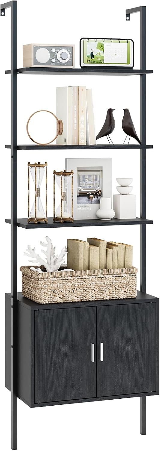 Giantex 72.5" Ladder Bookshelf with Cabinet, 5-Tier Tall Wall-Mounted Shelf w/Storage, Modern Style Kitchen Open Shelving Organizer, Heavy-Duty Metal Frame Display Rack for Living Room,Black