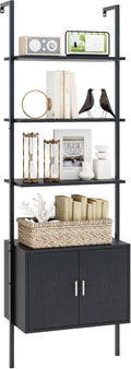 Giantex 72.5" Ladder Bookshelf with Cabinet, 5-Tier Tall Wall-Mounted Shelf w/Storage, Modern Style Kitchen Open Shelving Organizer, Heavy-Duty Metal Frame Display Rack for Living Room,Black