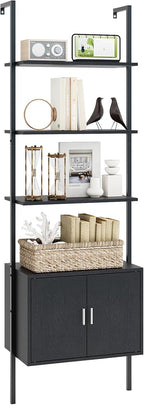 Giantex 72.5" Ladder Bookshelf with Cabinet, 5-Tier Tall Wall-Mounted Shelf w/Storage, Modern Style Kitchen Open Shelving Organizer, Heavy-Duty Metal Frame Display Rack for Living Room,Black