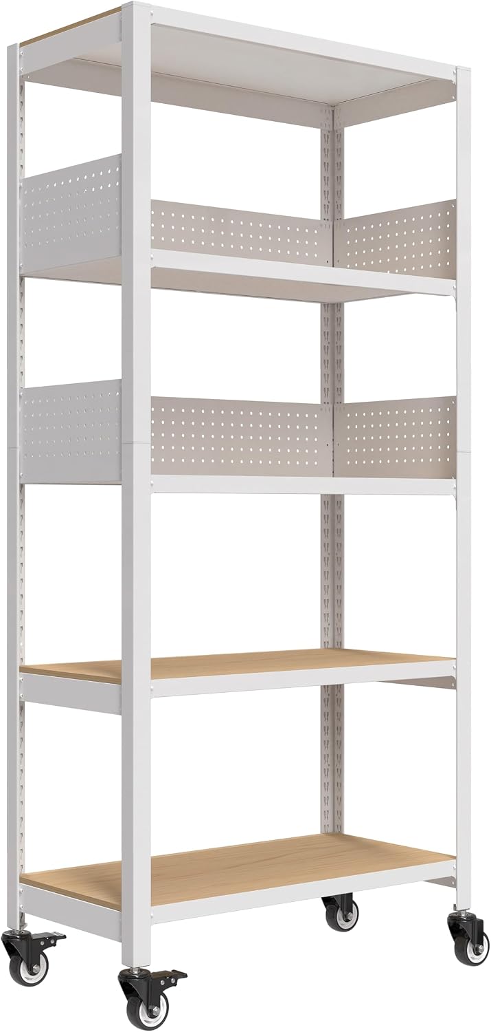 House White 32" W 5 Tier Rolling Pegboard Storage Cart Wheels | Rolling utility cart with lockable wheels and pegboards for kitchen, laundry, pantry and garage storage