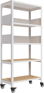 House White 32" W 5 Tier Rolling Pegboard Storage Cart Wheels | Rolling utility cart with lockable wheels and pegboards for kitchen, laundry, pantry and garage storage