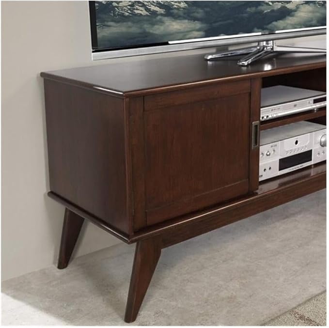 SIMPLIHOME Draper TV Stand - 60 inch Wide Solid Wood Low Media Console in Medium Auburn Brown, Mid Century Modern Entertainment Center for Living Room for TVs up to 65 Inches with Cable Management