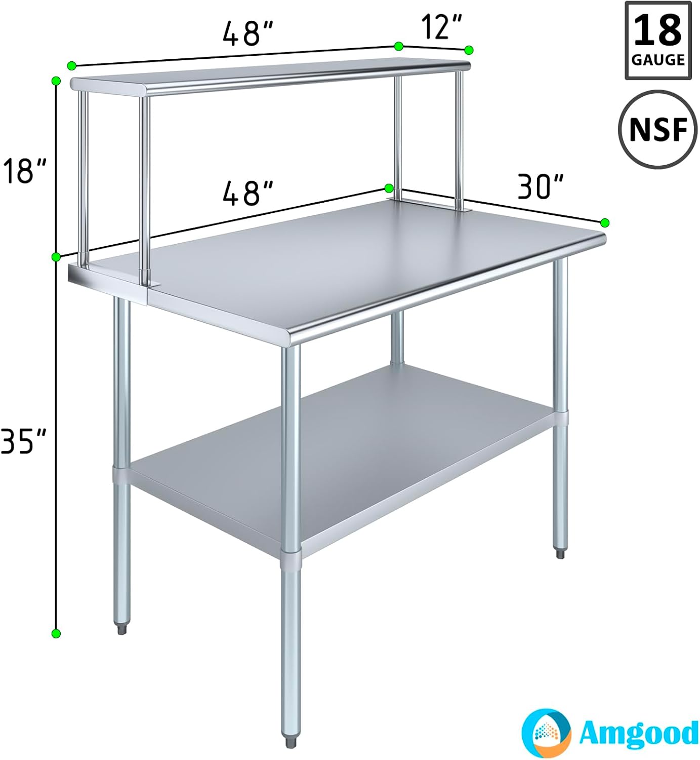 Stainless Steel Work Table with Wide Single Tier Overshelf | Metal Kitchen Prep Table & Shelving Combo (30" x 48" Work Table + 12" Overshelf)