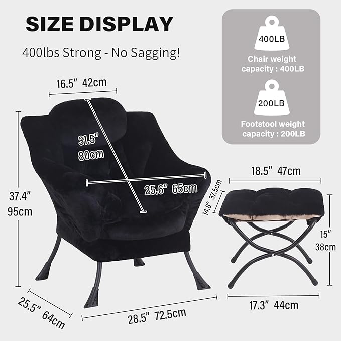 Tiita Lazy Chair with Ottoman, Modern Large Accent Lounge Armchair, Comfy Leisure Sofa Reading Chair with Footrest for Bedroom, Living Room, Dorm Rooms, Garden and Courtyard, Plush Black