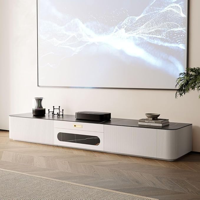 POVISON Fully-Assembled Modern Low Profile TV Stand with Ultra-Short Throw Projector Platform, Sintered Stone Entertainment Center with Storage, Wood TV Console, Media Console for Living Room