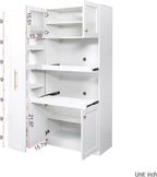 Kitchen Pantry Cabinet with 7-Tier Storage Cart, Farmhouse Storage Cabinet with 4 Doors & Pull-Out Shelves, Wood Pantry Hutch Organizer with Microwave Stand & Cable Holes, White