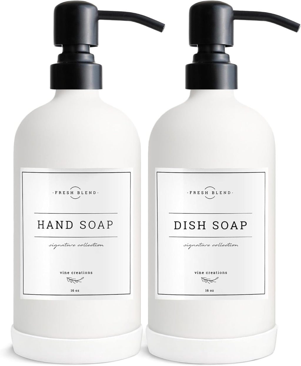 Vine Creations White Glass Soap Dispenser, 2 Pack Kitchen Soap Dispenser Set with Stainless Steel Pump, 16 oz Dish Soap and Hand Soap Dispensers for Bathroom with Waterproof Labels