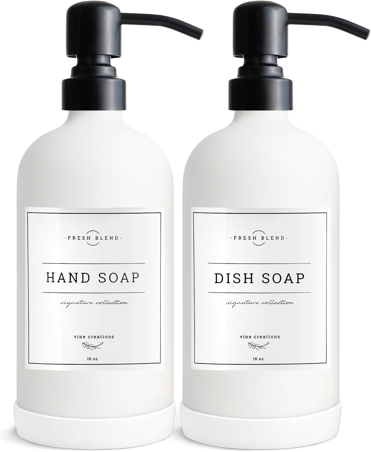 Vine Creations White Glass Soap Dispenser, 2 Pack Kitchen Soap Dispenser Set with Stainless Steel Pump, 16 oz Dish Soap and Hand Soap Dispensers for Bathroom with Waterproof Labels