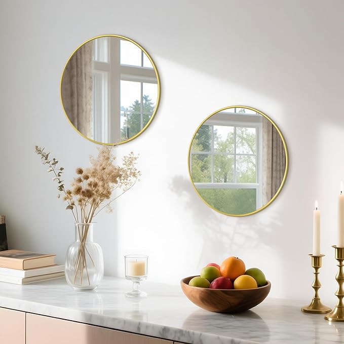 12 Inch Gold Round Bathroom Mirror Circle Wall Mirrors Brushed Metal Frame Anti-Rust Tempered Glass Mirror for Bathroom Bedroom Entryway Living Room