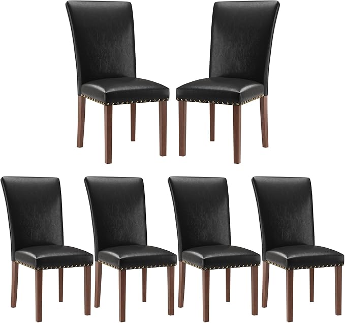 Stylish Dining Chairs Set of 6, Upholstered Parsons Dining Room Chair with Nailhead Trim, Kitchen Room Chair with Thick Cushions and Wood Legs, Nailhead Trim, Black Leather