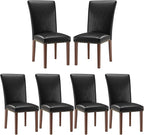 Stylish Dining Chairs Set of 6, Upholstered Parsons Dining Room Chair with Nailhead Trim, Kitchen Room Chair with Thick Cushions and Wood Legs, Nailhead Trim, Black Leather