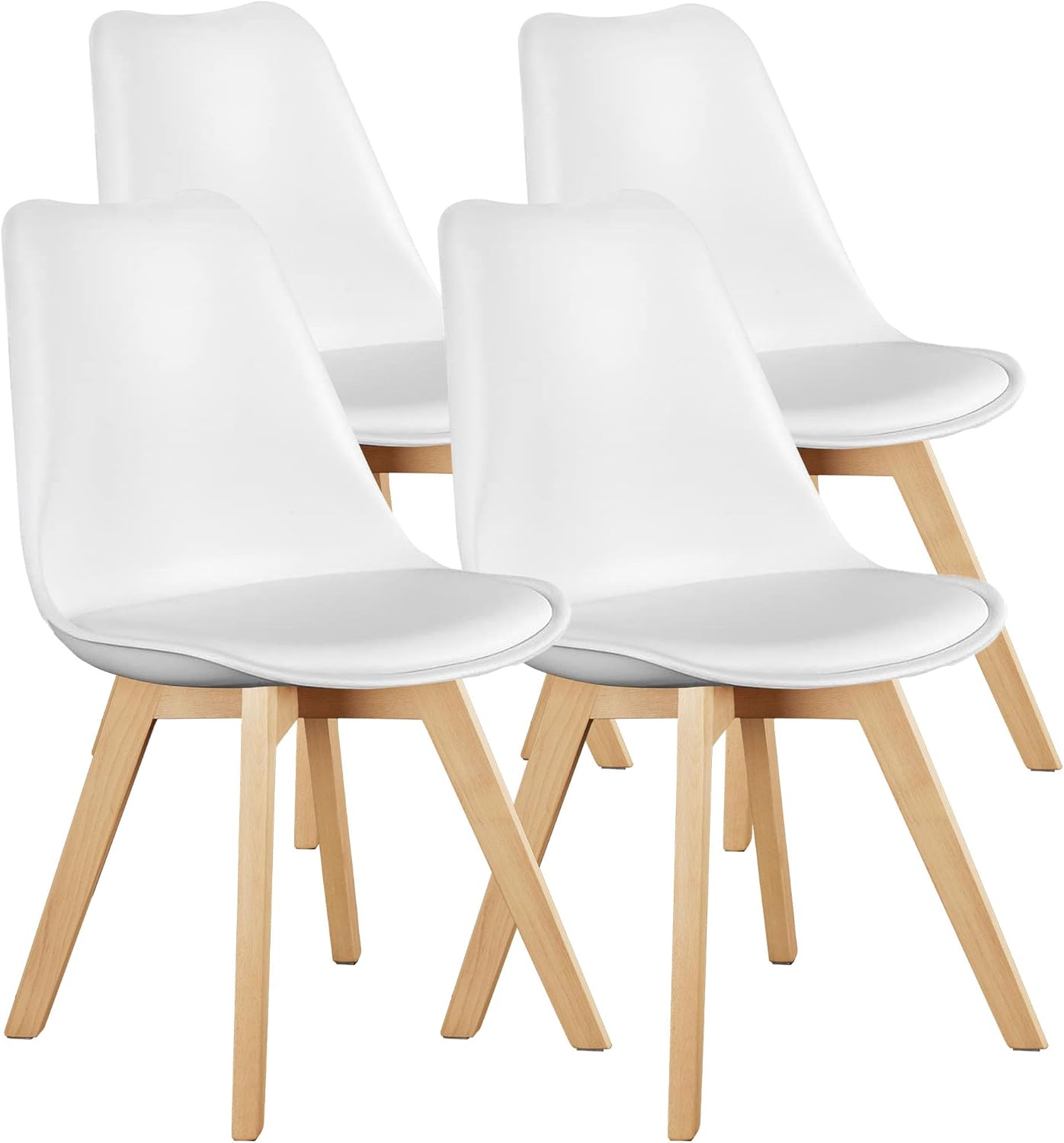 OLIXIS Dining Chairs Set of 4, Mid Century Modern Accent Chairs with Curved Backrest and Wood Legs, PU Leather Upholstered Kitchen Side Chair for Living Room, Bedroom, Outdoor Patio, White