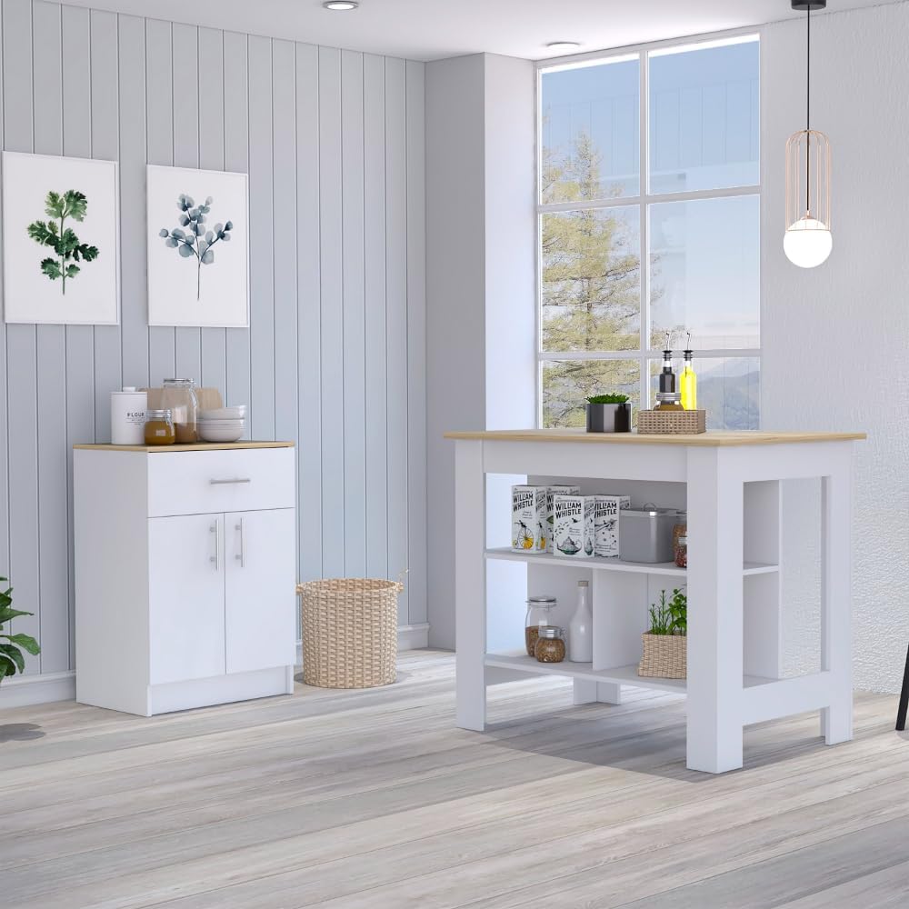2 Piece Kitchen Set with Island and Pantry Cabinet in White and Light Oak | I...