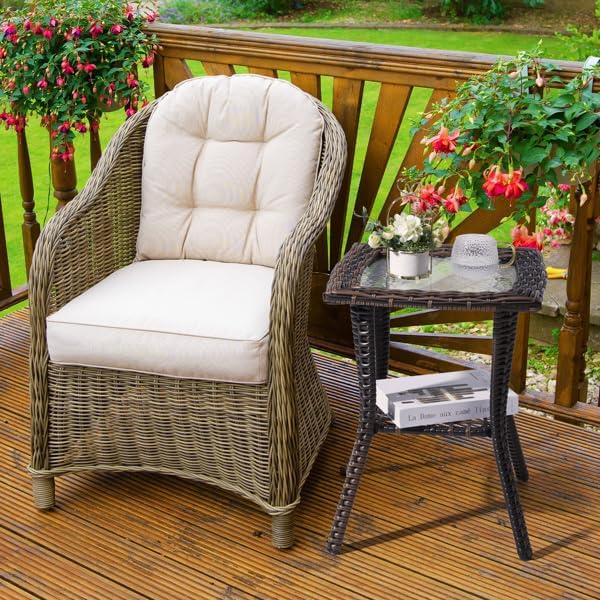 Outdoor Wicker Side Table, Rattan End with Glass Top, Patio Coffee Bistro for...