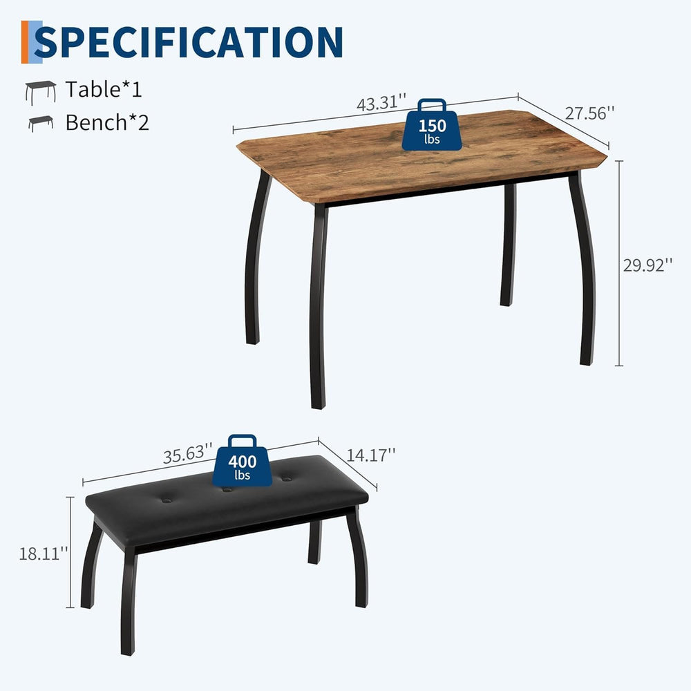 Dining Table for 4, 3-Piece Kitchen Table Set for 4 with Wooden Tabletop and ...