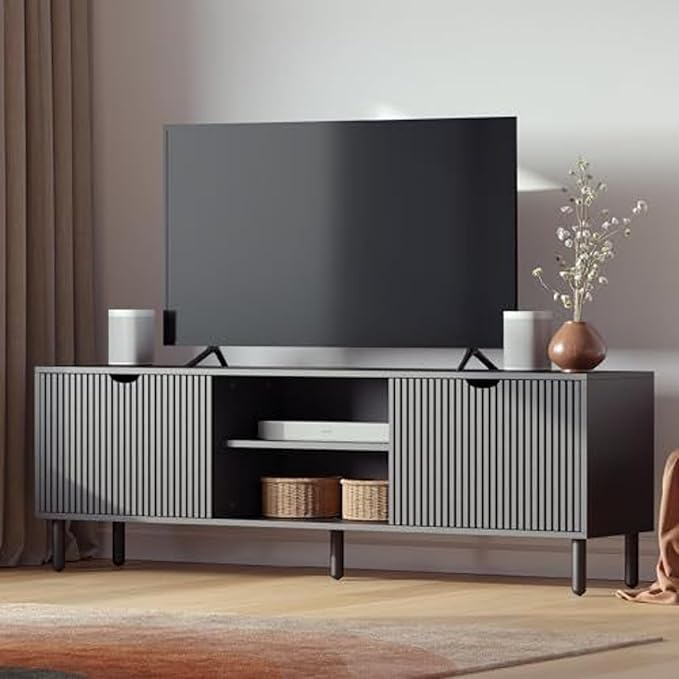 Fluted Wood TV Stand - Soft-Close Doors & Adjustable Shelves TV Console with Storage - Cable Management Entertainment Center - Fluted Doors Hide Components Media Stand - Black, 70