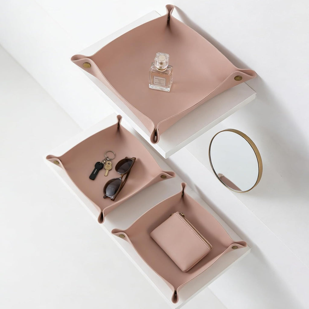 3 packs PU Leather Tray in 3 Sizes Jewelry Tray Glossy Leather Desk Organizer Leather Catchall Tray for Jewelry/Key/Coin/Sun Glasses/Watch/USB Cables etc. (Morandi Pink)