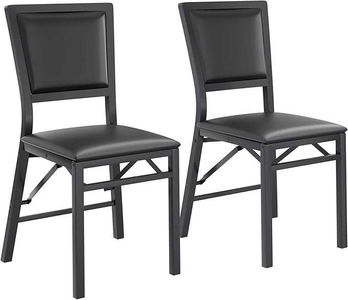 VECELO Folding Chairs Set of 2 with Cushion, Foldable Padded Seats with Heavy Duty Metal Frame for Kitchen/Dining/Living Room, No Assembly & Space Saving Design, Solid Black