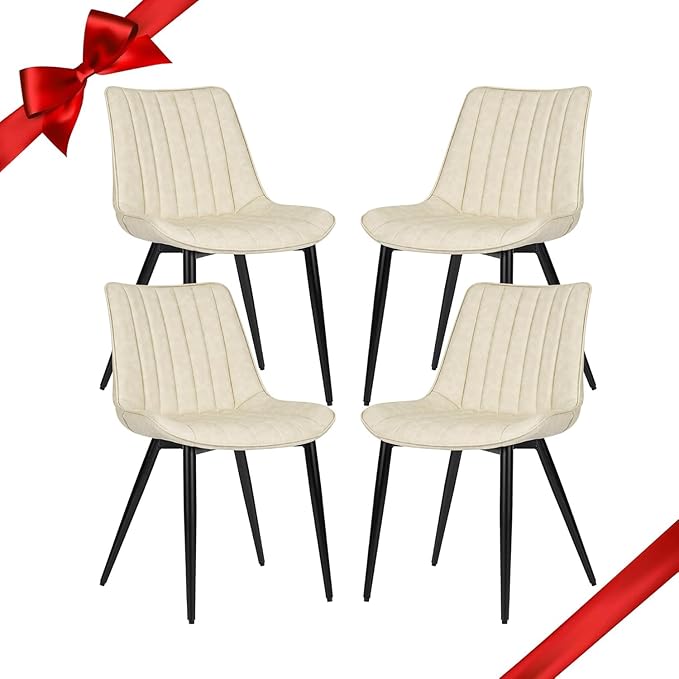 4 PCS Faux Leather Dining Chairs, Mid Century Modern Leisure Upholstered Chair with Metal Legs for Kitchen Living Room Beige