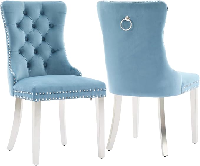 Mid Century Modern Dining Chairs Set of 2, Velvet Upholstered Kitchen & Dining Room Chairs with Nailhead Trim & Brushed Silver Metal Legs, Tufted Kitchen Chairs, Sillas De Comedor (Sky Blue, 2 Pcs)