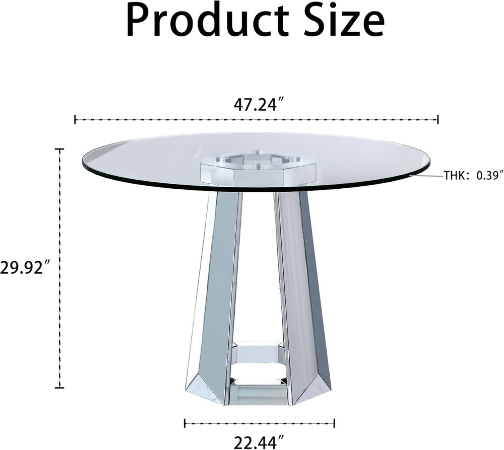 Henf Luxury Round Glass Dining Table for 4-6, Silver 47" Glass Kitchen T...