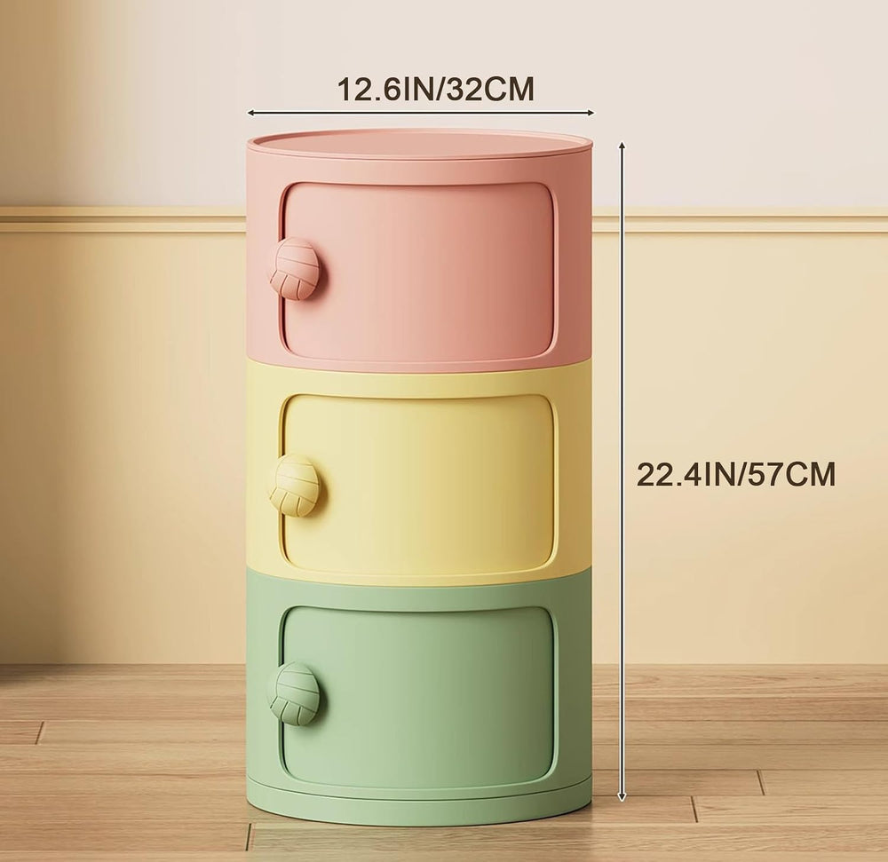 3 Tier Round Nightstand with Drawers, Plastic Pink Nightstand Modern Round Be...