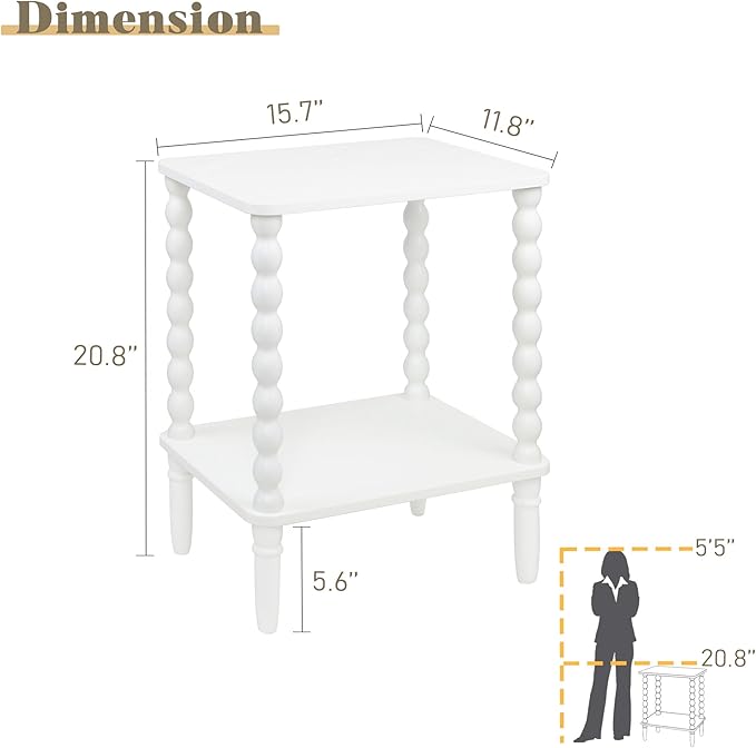 White End Table, Small Side Table with Storage Shelf, 2-Tier Modern NightStan...