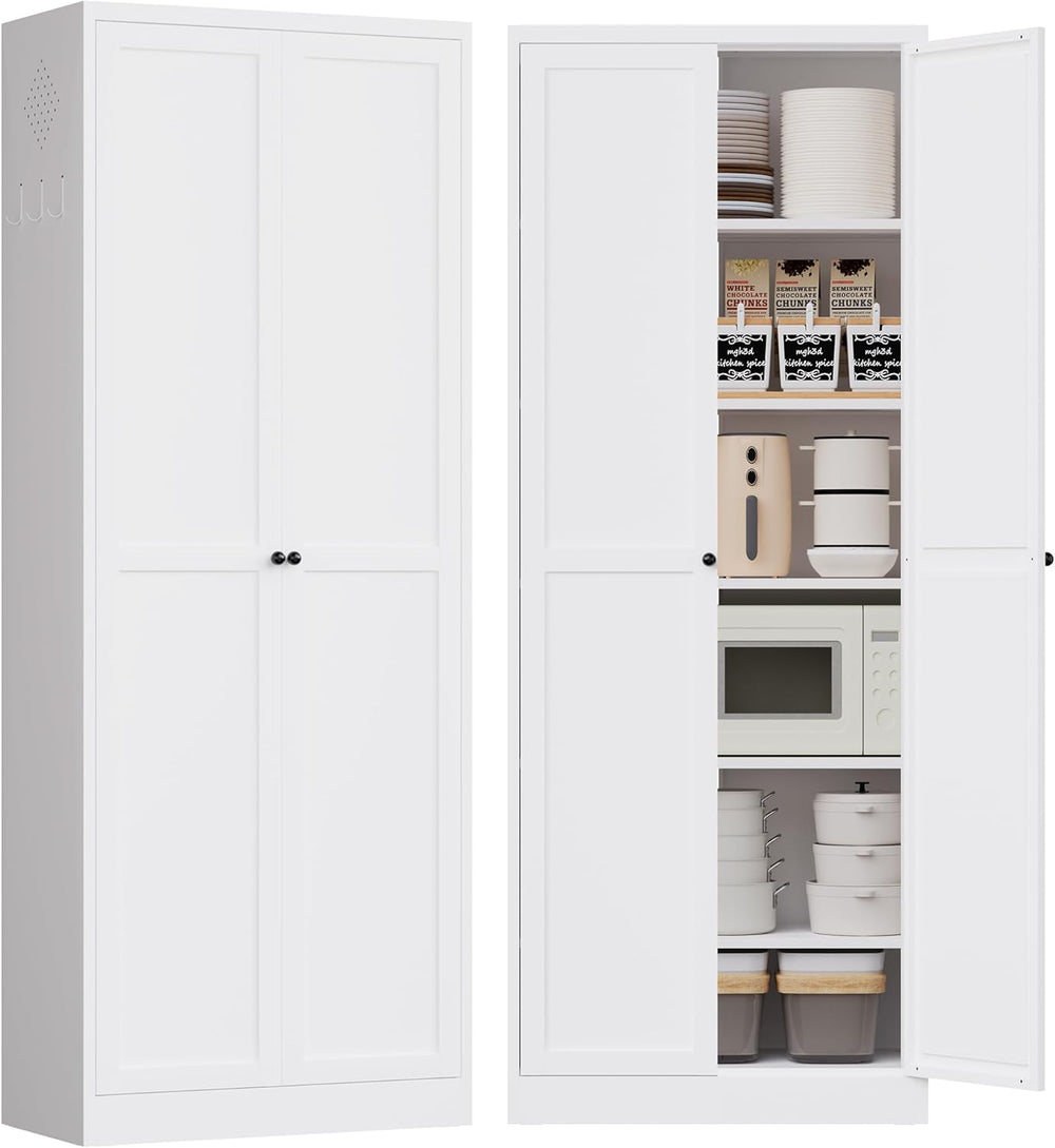 72" Tall Kitchen Pantry Cabinet,White Metal Pantry Cabinet with 2 Doors ...