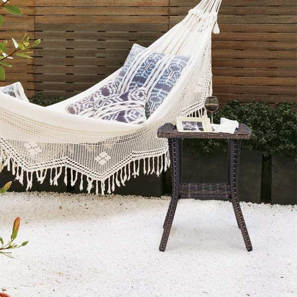 Outdoor Wicker Side Table, Rattan End with Glass Top, Patio Coffee Bistro for...