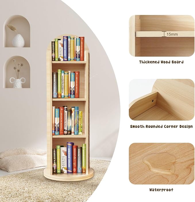 DELEMODUO Kids Rotating Bookshelf with Mirror, 48inch Wood Stading Floor Bookshelf for Small Space, 4 Tier Floor Standing Bookcase Storage Rack for Bedroom, Living Room, Study Room